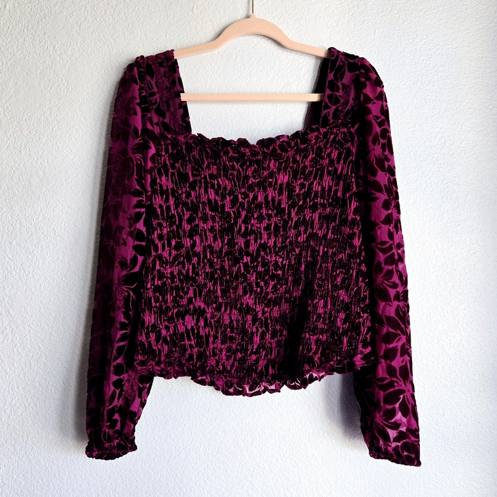 TORRID Flocked Velvet Peasant Top Longsleeve Cropped Smocked Burgandy 2X